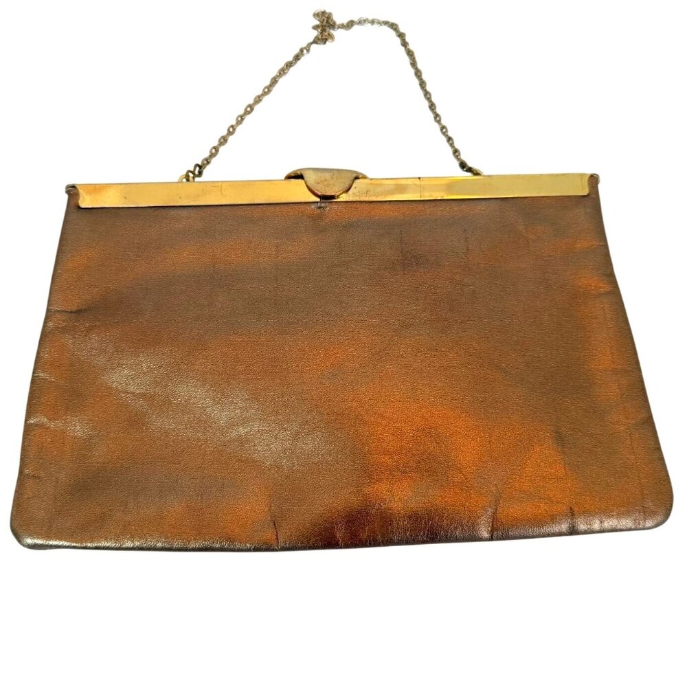 Vintage Etra Bronze Metallic Leather Clutch Purse Retro Party Glam Formal Rave